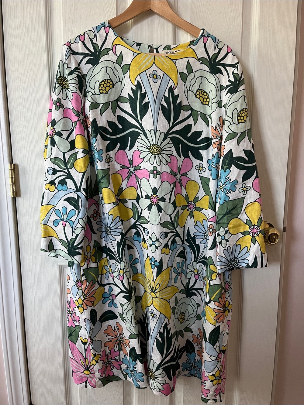 Boden Linen Floral Cotton Shift Dress in Multi-Color w/ Pockets
